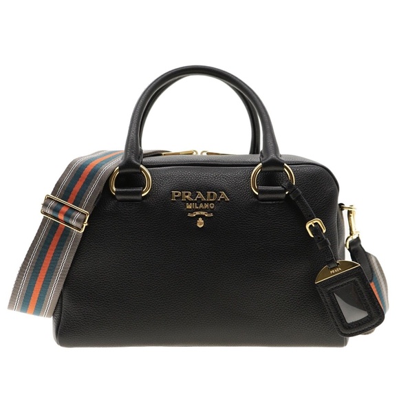 Prada Shoulder Bag Guitar Strap Black Leather Vitello Phenix 1BB086 New - Picture 1 of 7